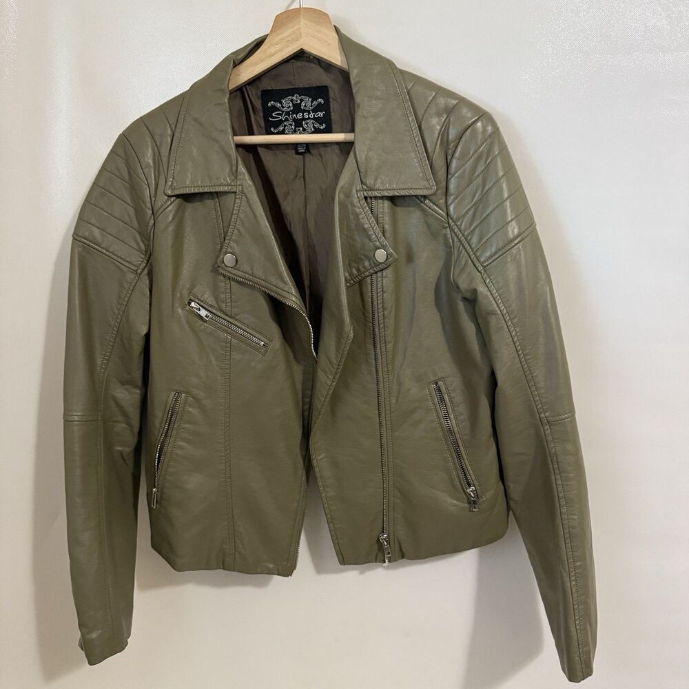 Women's Olive Green Faux Leather Jacket Moto Biker Leather Jacket XL